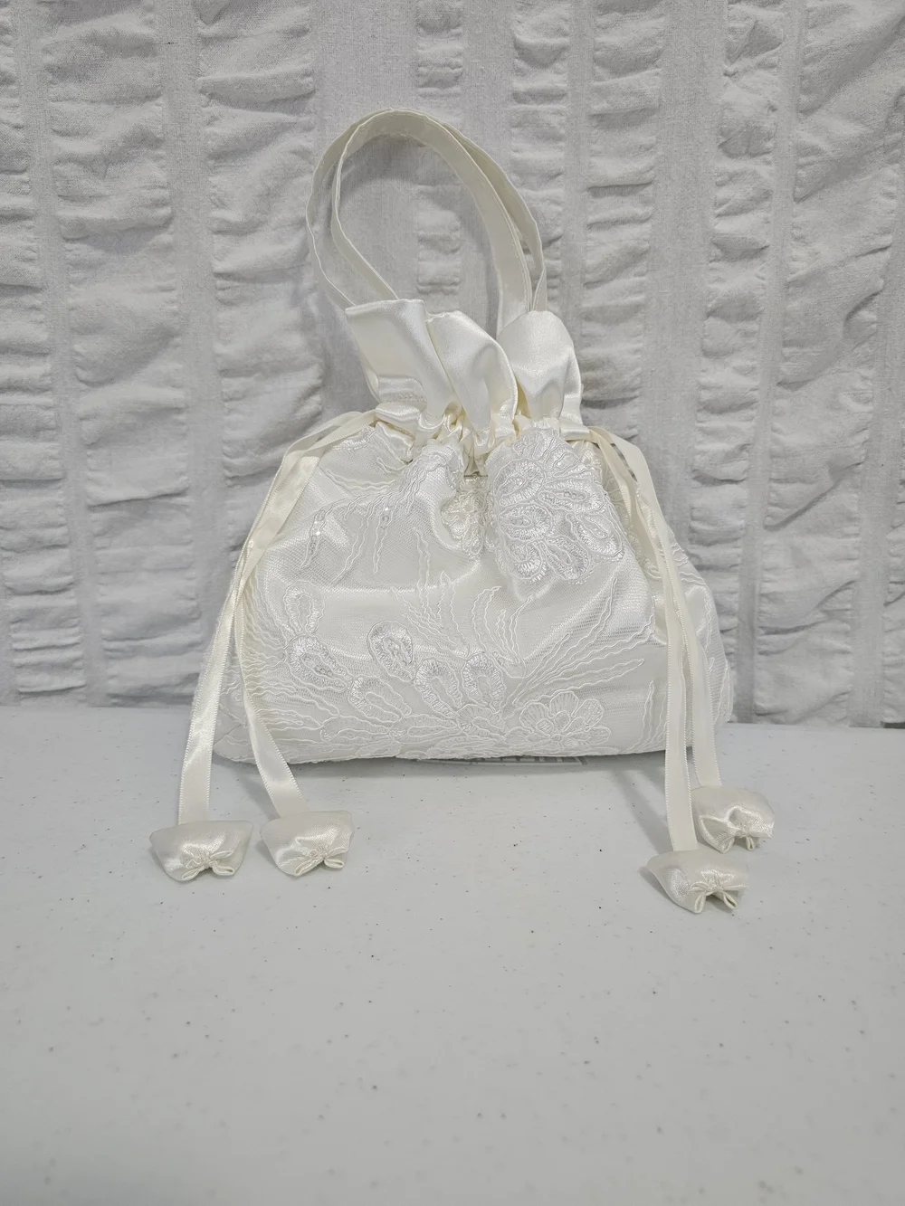 Enchanted Bride Satin Bridal Purse Wedding Money Bag White Satin Pearl Lace